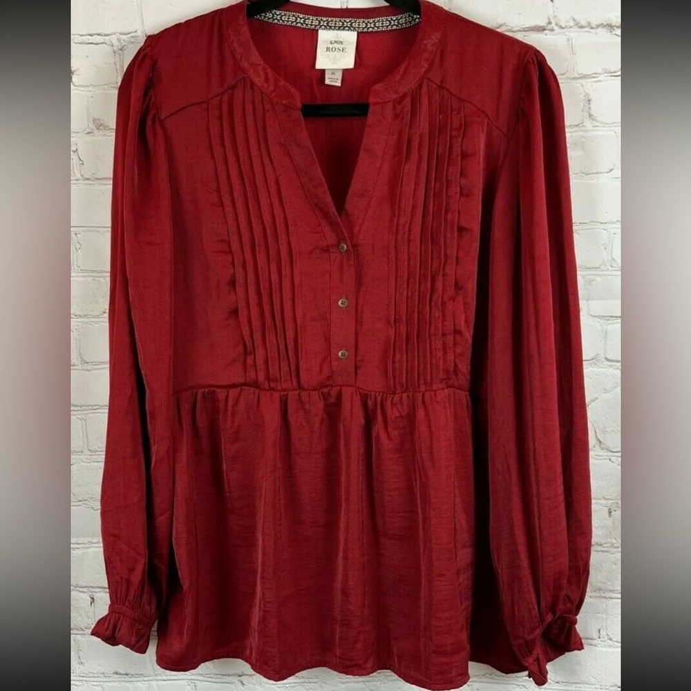Knox Rose M Red Satin Long Sleeve Babydoll Top With Elastic Ruffle Sleeve Boho